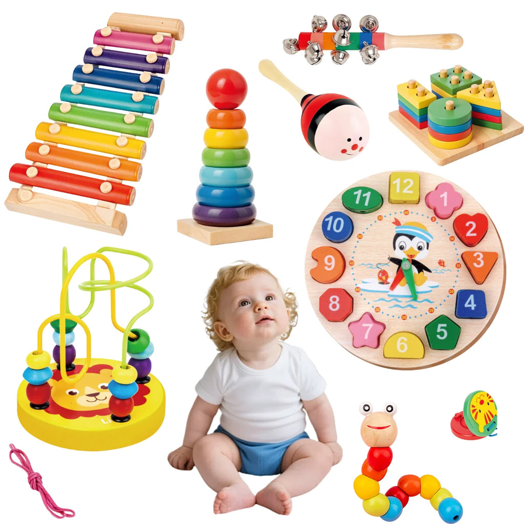 Kit de 9 Brinquedos Educativos para Crianças Bebês de Madeira Multisensoriais para Educação infantil Montar Encaixar Tocar