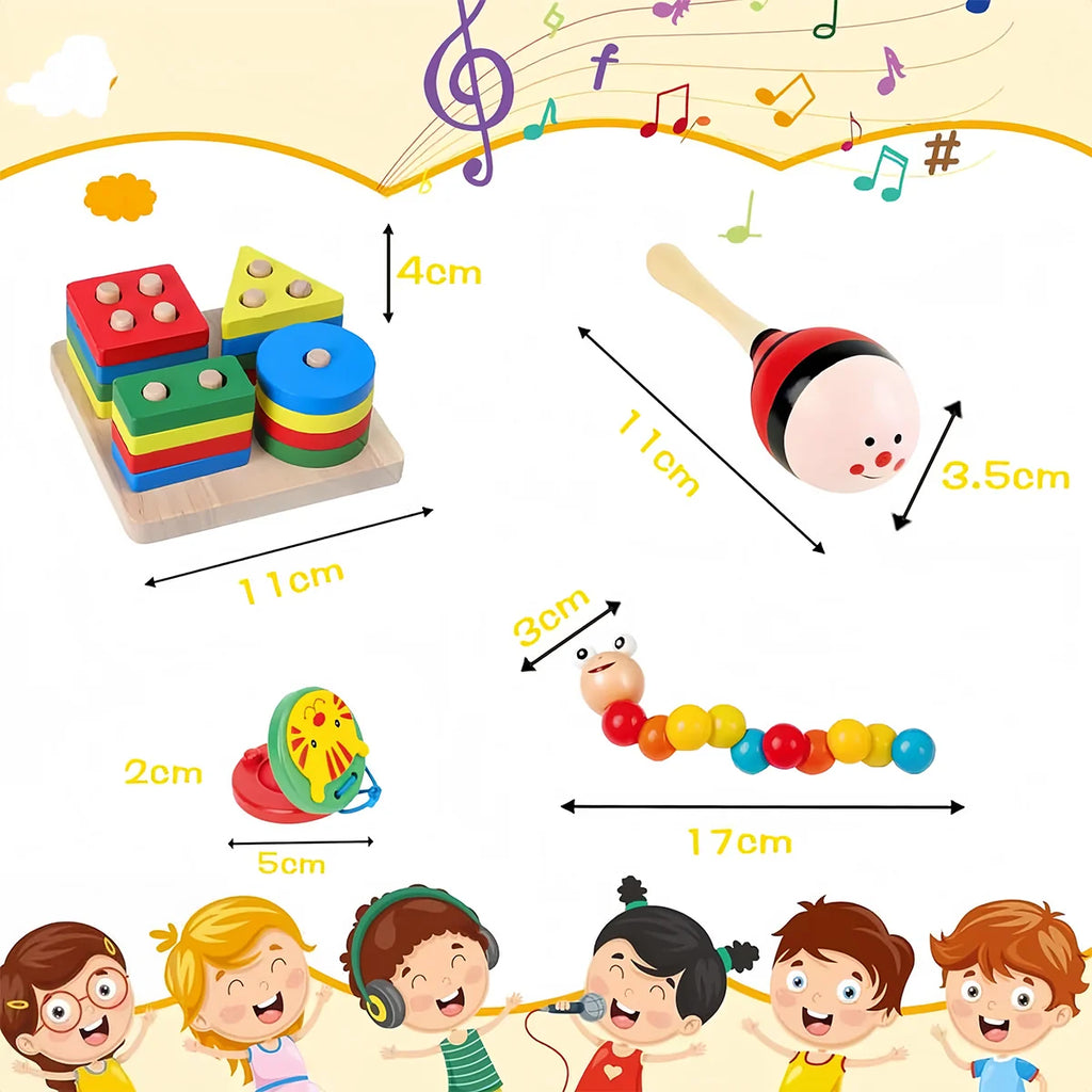 Kit de 9 Brinquedos Educativos para Crianças Bebês de Madeira Multisensoriais para Educação infantil Montar Encaixar Tocar