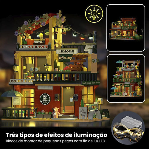 Bloco de Montar Café ao Ar Livre com Jardim Com Led 875 peças Decoração Brinquedo Educativo Infantil Adolescente Adulto Conjunto de Construção