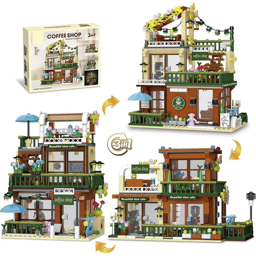 Bloco de Montar Café ao Ar Livre com Jardim Com Led 875 peças Decoração Brinquedo Educativo Infantil Adolescente Adulto Conjunto de Construção