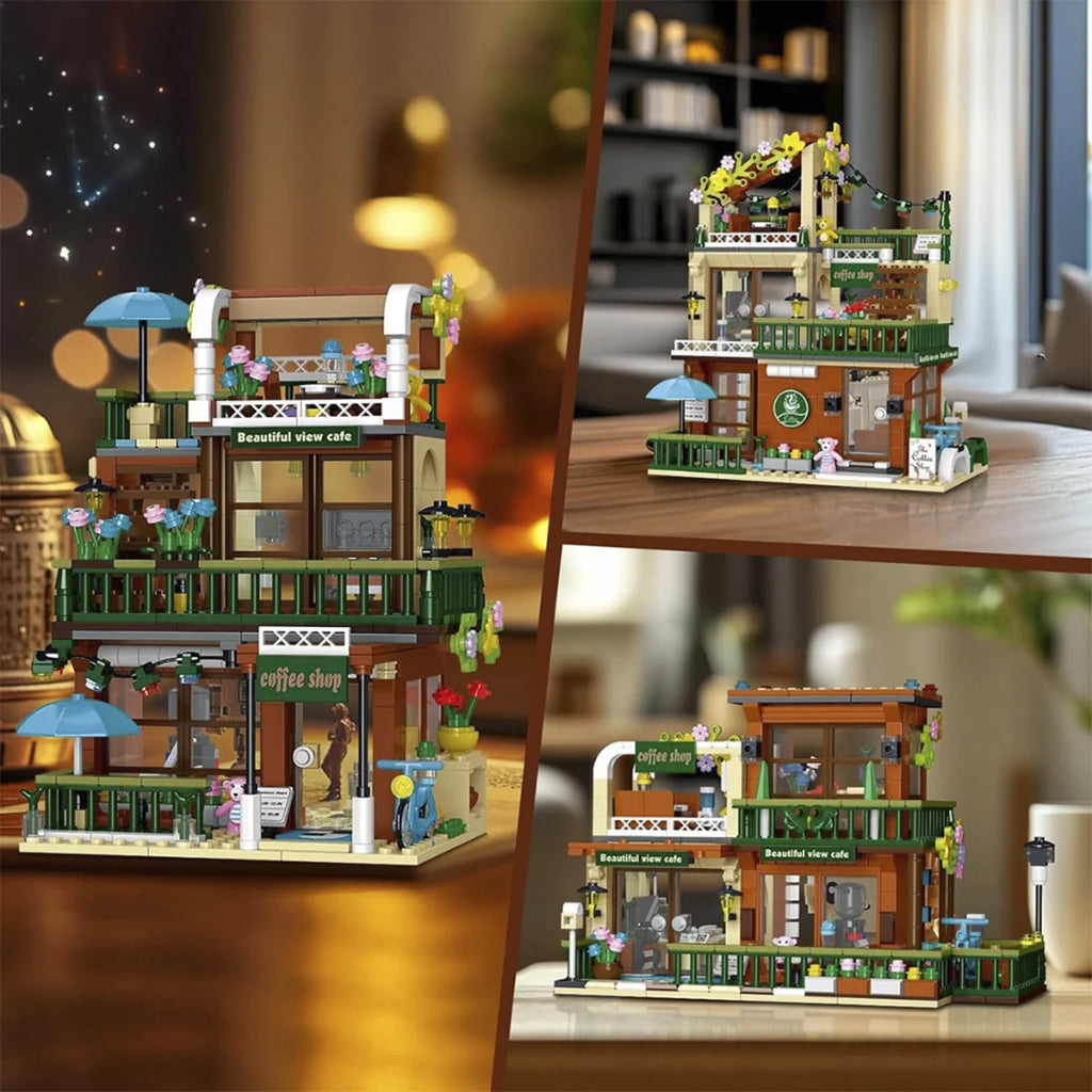 Bloco de Montar Café ao Ar Livre com Jardim Com Led 875 peças Decoração Brinquedo Educativo Infantil Adolescente Adulto Conjunto de Construção