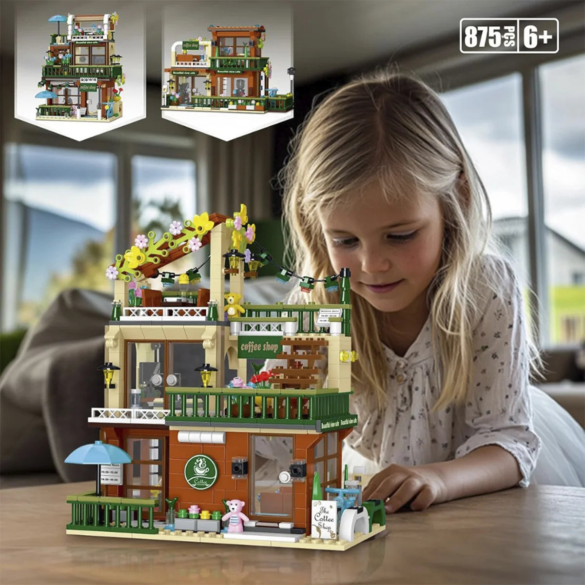 Bloco de Montar Café ao Ar Livre com Jardim Com Led 875 peças Decoração Brinquedo Educativo Infantil Adolescente Adulto Conjunto de Construção