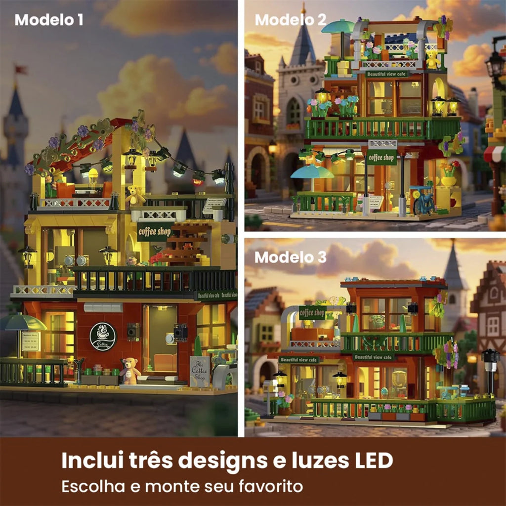 Bloco de Montar Café ao Ar Livre com Jardim Com Led 875 peças Decoração Brinquedo Educativo Infantil Adolescente Adulto Conjunto de Construção