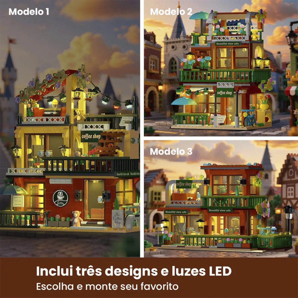 Bloco de Montar Café ao Ar Livre com Jardim Com Led 875 peças Decoração Brinquedo Educativo Infantil Adolescente Adulto Conjunto de Construção