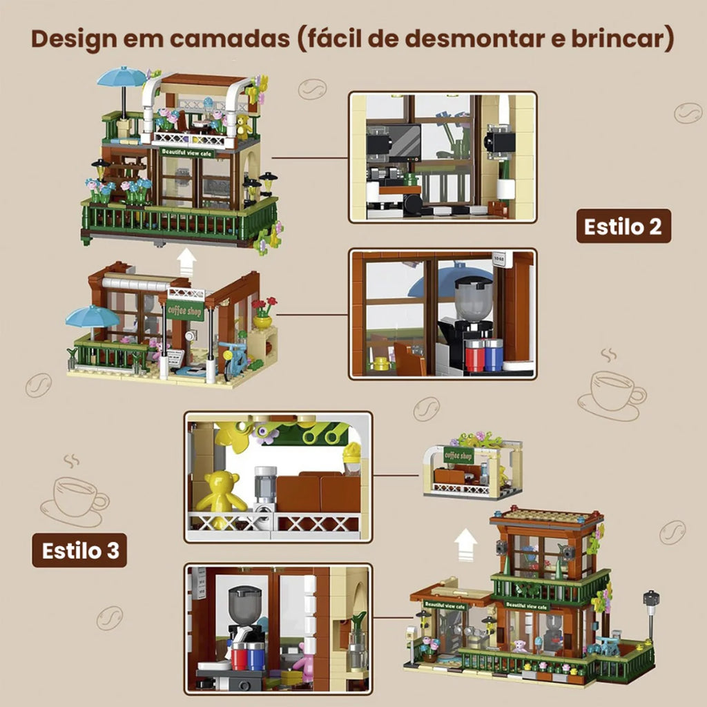 Bloco de Montar Café ao Ar Livre com Jardim Com Led 875 peças Decoração Brinquedo Educativo Infantil Adolescente Adulto Conjunto de Construção