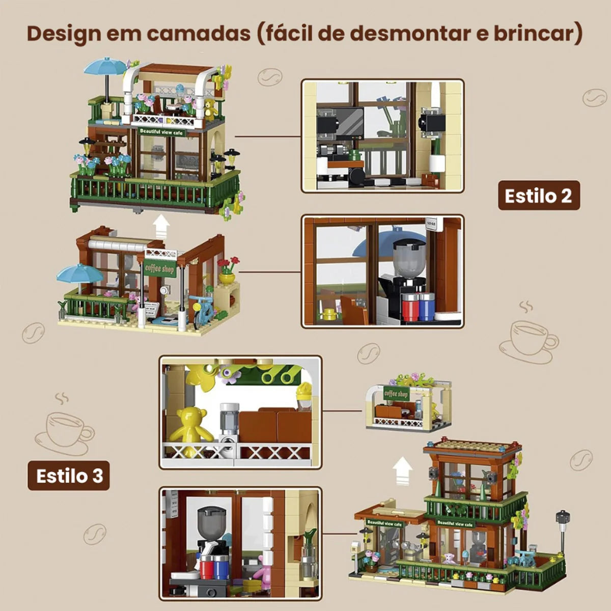 Bloco de Montar Café ao Ar Livre com Jardim Com Led 875 peças Decoração Brinquedo Educativo Infantil Adolescente Adulto Conjunto de Construção