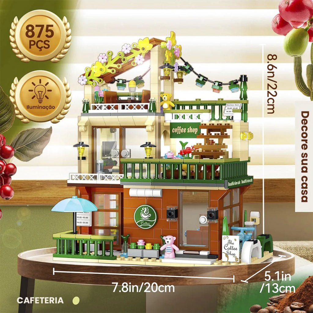 Bloco de Montar Café ao Ar Livre com Jardim Com Led 875 peças Decoração Brinquedo Educativo Infantil Adolescente Adulto Conjunto de Construção