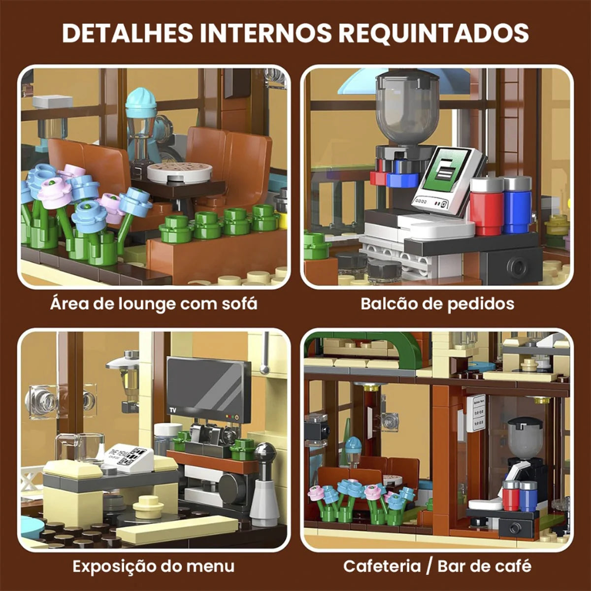 Bloco de Montar Café ao Ar Livre com Jardim Com Led 875 peças Decoração Brinquedo Educativo Infantil Adolescente Adulto Conjunto de Construção