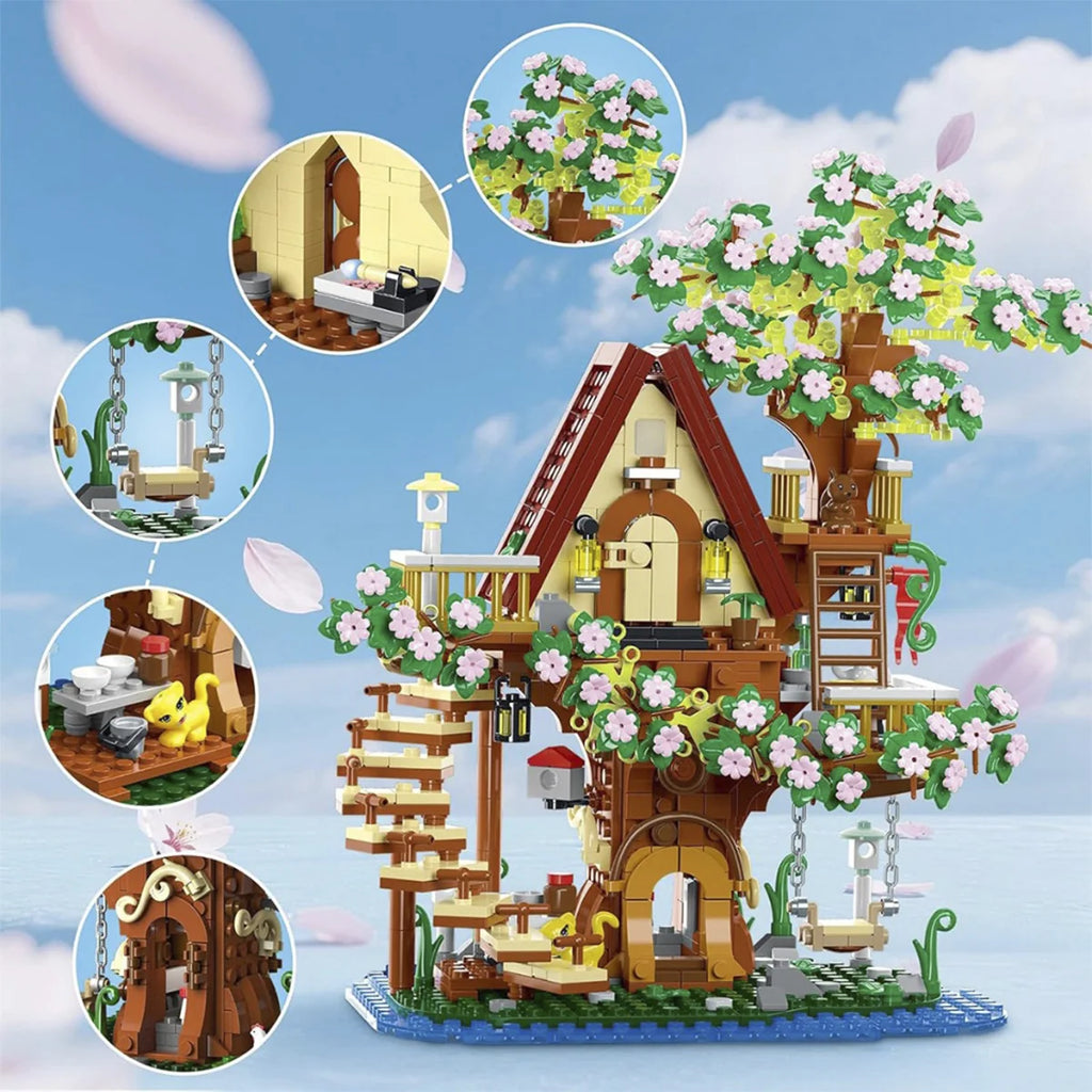Bloco de Montar Casa da Árvore Flor de Cerejeira 959 peças Com Led Decoração Brinquedo Educativo Infantil Adolescente Adulto Conjunto de Construção