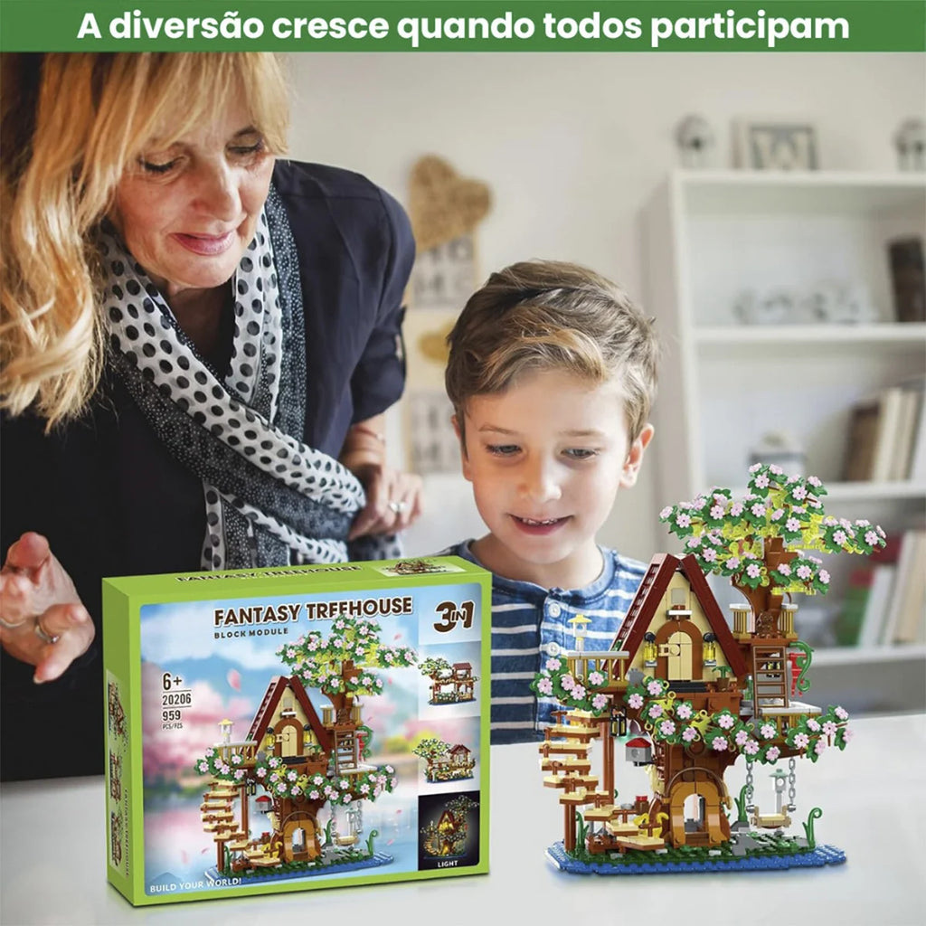 Bloco de Montar Casa da Árvore Flor de Cerejeira 959 peças Com Led Decoração Brinquedo Educativo Infantil Adolescente Adulto Conjunto de Construção