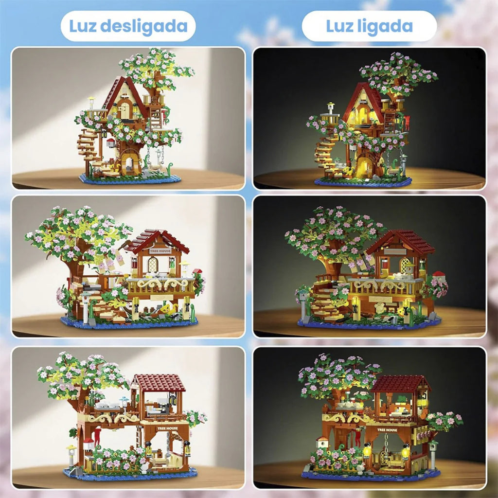 Bloco de Montar Casa da Árvore Flor de Cerejeira 959 peças Com Led Decoração Brinquedo Educativo Infantil Adolescente Adulto Conjunto de Construção