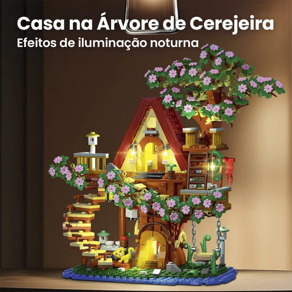 Bloco de Montar Casa da Árvore Flor de Cerejeira 959 peças Com Led Decoração Brinquedo Educativo Infantil Adolescente Adulto Conjunto de Construção