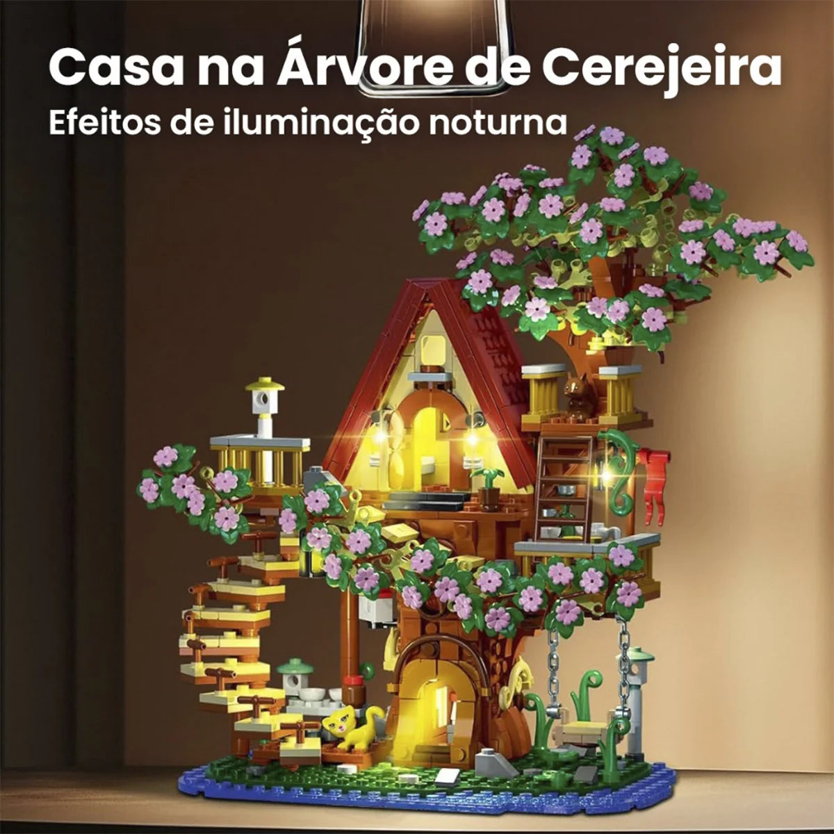 Bloco de Montar Casa da Árvore Flor de Cerejeira 959 peças Com Led Decoração Brinquedo Educativo Infantil Adolescente Adulto Conjunto de Construção