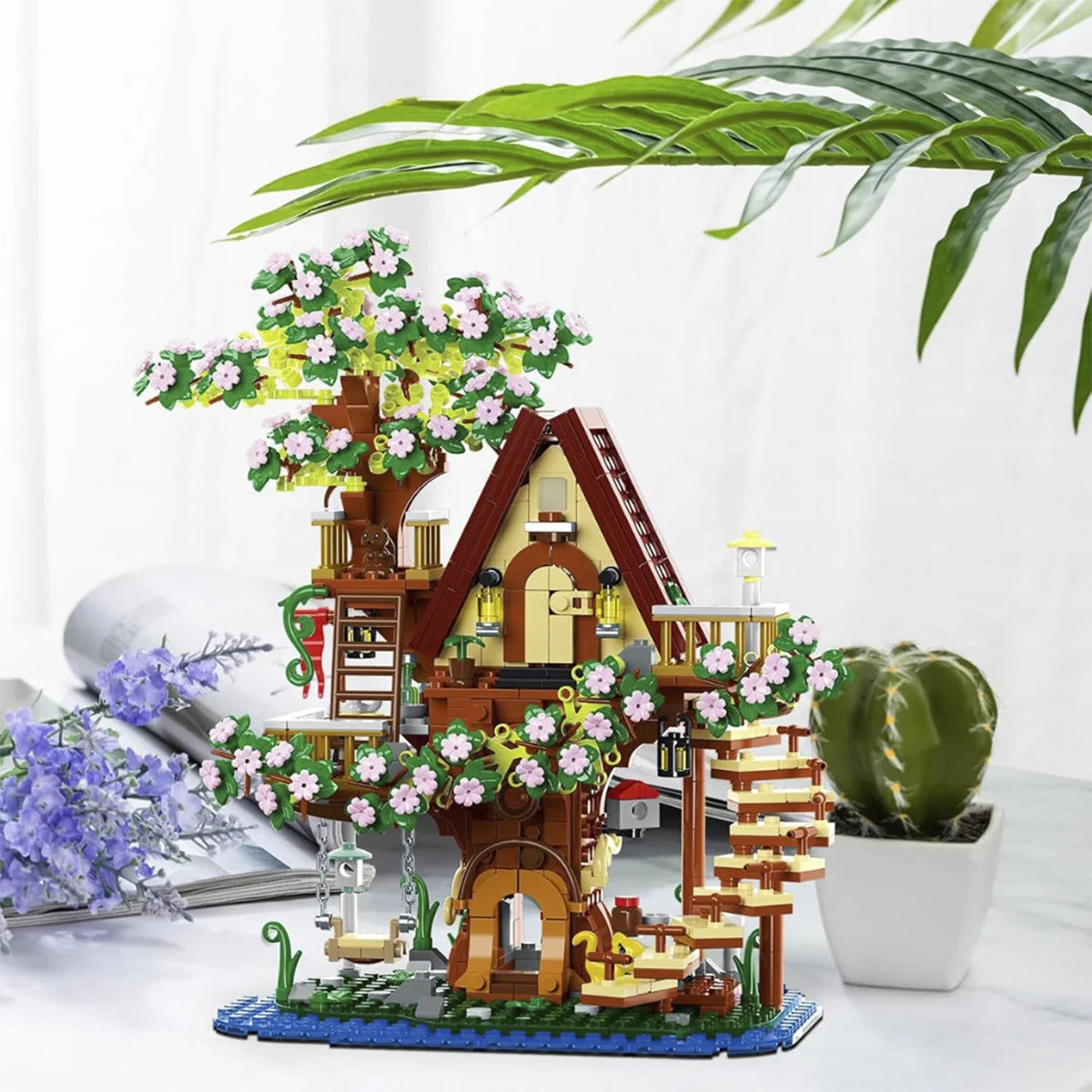 Bloco de Montar Casa da Árvore Flor de Cerejeira 959 peças Com Led Decoração Brinquedo Educativo Infantil Adolescente Adulto Conjunto de Construção