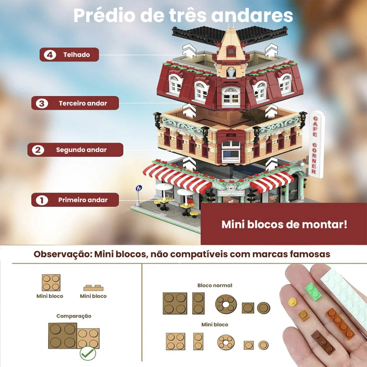 Bloco de Montar Café Urbano Retrô Com Led 1950 peças Decoração Brinquedo Educativo Infantil Adolescente Adulto Conjunto de Construção