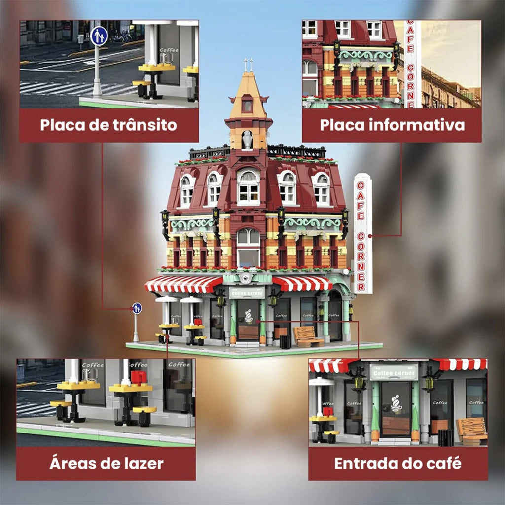 Bloco de Montar Café Urbano Retrô Com Led 1950 peças Decoração Brinquedo Educativo Infantil Adolescente Adulto Conjunto de Construção