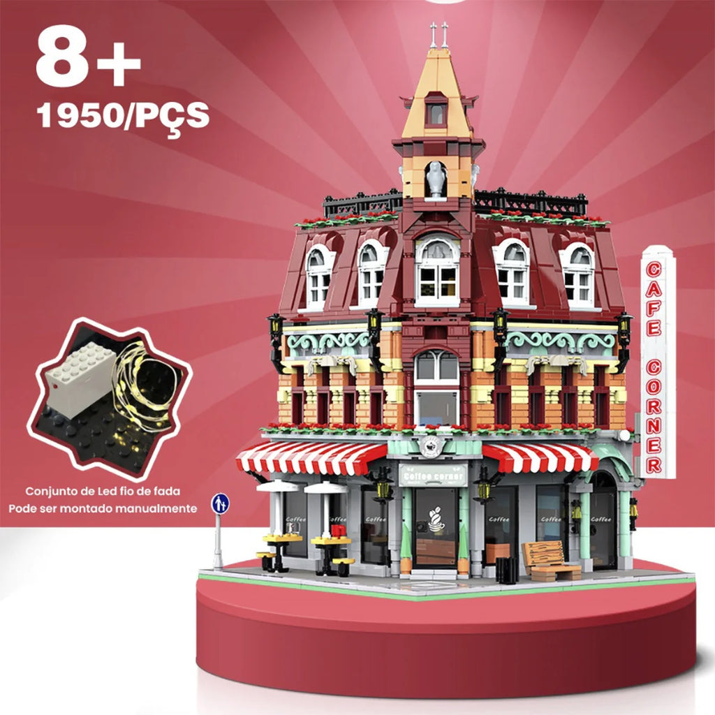 Bloco de Montar Café Urbano Retrô Com Led 1950 peças Decoração Brinquedo Educativo Infantil Adolescente Adulto Conjunto de Construção