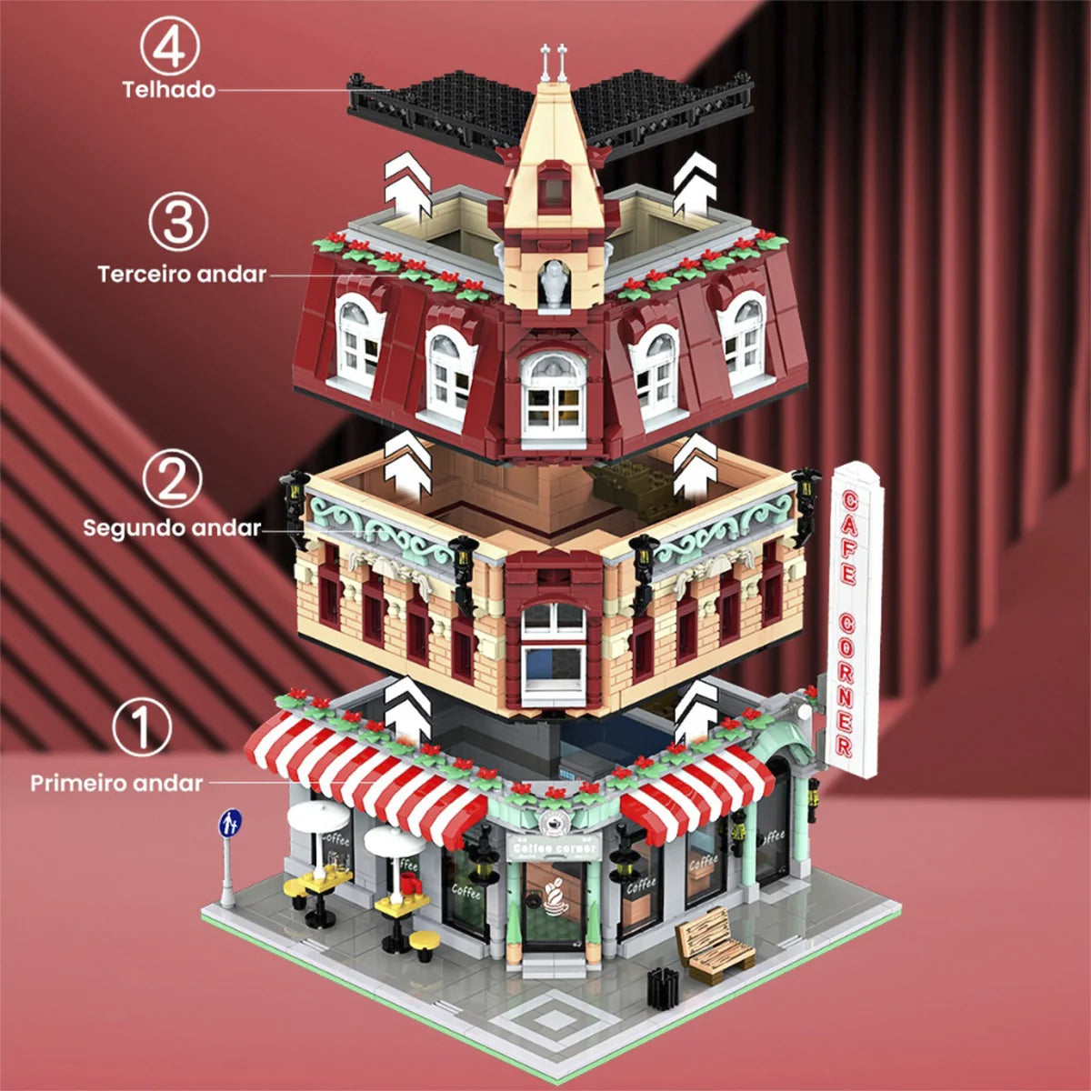 Bloco de Montar Café Urbano Retrô Com Led 1950 peças Decoração Brinquedo Educativo Infantil Adolescente Adulto Conjunto de Construção