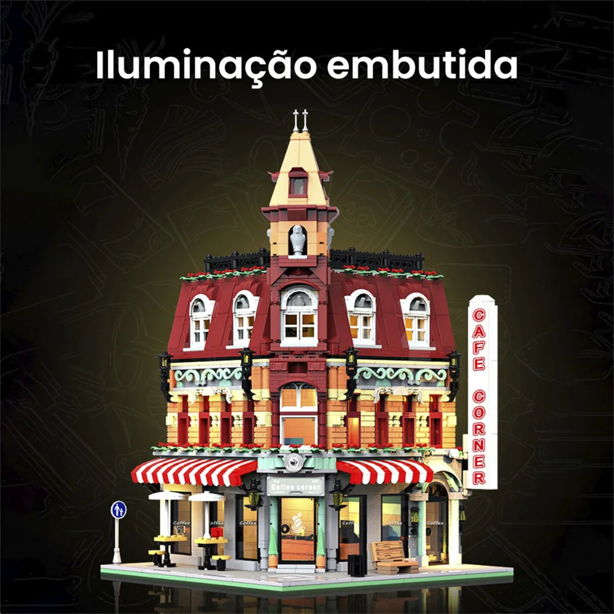 Bloco de Montar Café Urbano Retrô Com Led 1950 peças Decoração Brinquedo Educativo Infantil Adolescente Adulto Conjunto de Construção