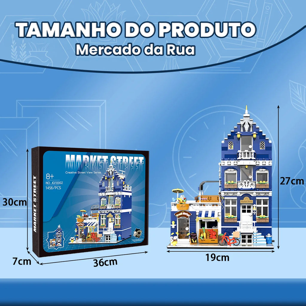 Bloco de Montar Mercado Vintagde Três Andares com LED 1456 peças Decoração Brinquedo Educativo Infantil Adolescente Adulto Conjunto de Construção