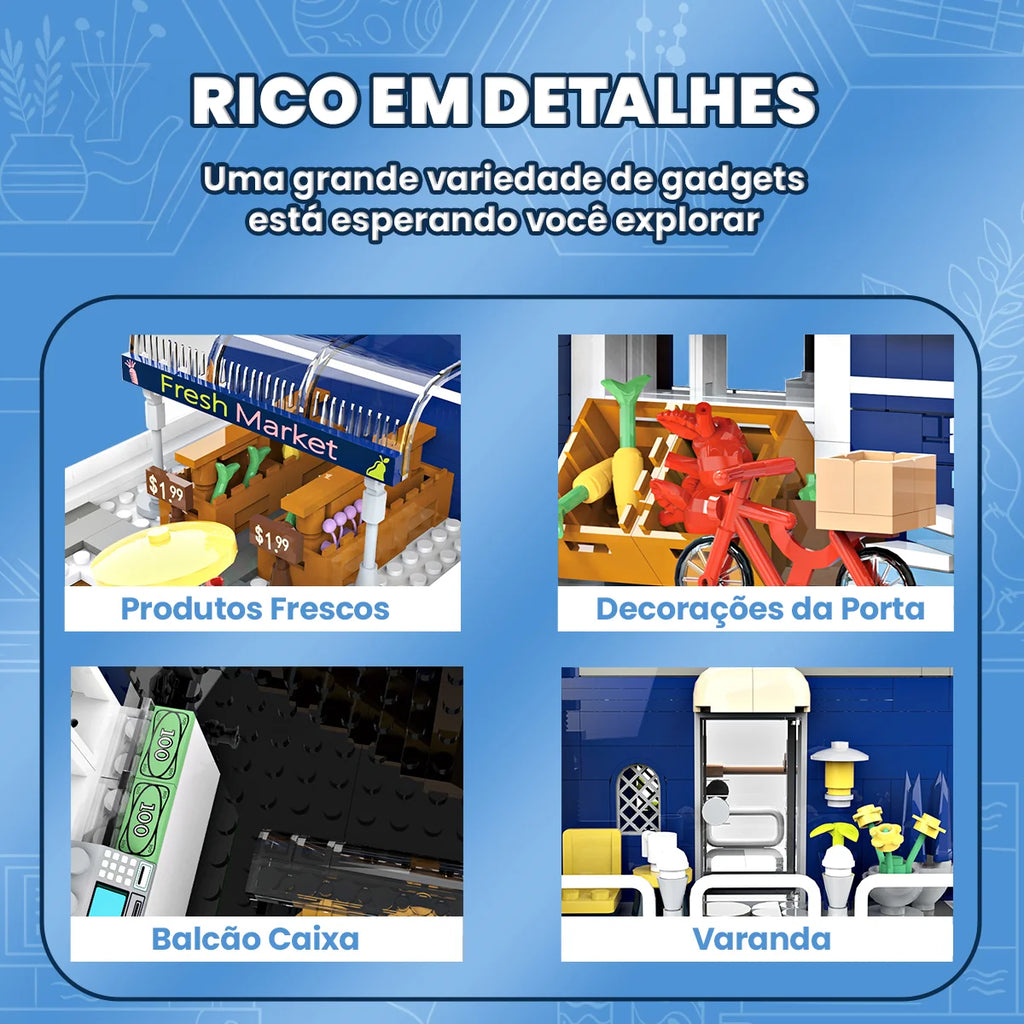 Bloco de Montar Mercado Vintagde Três Andares com LED 1456 peças Decoração Brinquedo Educativo Infantil Adolescente Adulto Conjunto de Construção