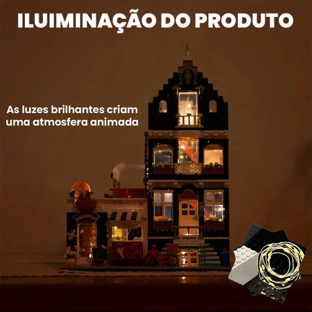Bloco de Montar Mercado Vintagde Três Andares com LED 1456 peças Decoração Brinquedo Educativo Infantil Adolescente Adulto Conjunto de Construção
