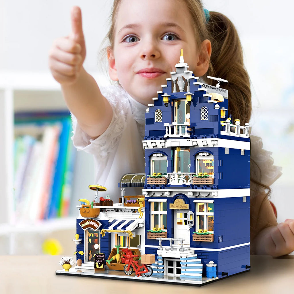 Bloco de Montar Mercado Vintagde Três Andares com LED 1456 peças Decoração Brinquedo Educativo Infantil Adolescente Adulto Conjunto de Construção