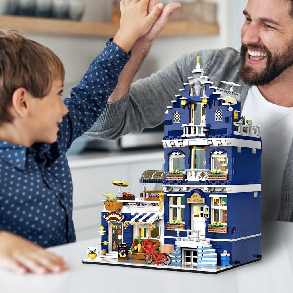 Bloco de Montar Mercado Vintagde Três Andares com LED 1456 peças Decoração Brinquedo Educativo Infantil Adolescente Adulto Conjunto de Construção