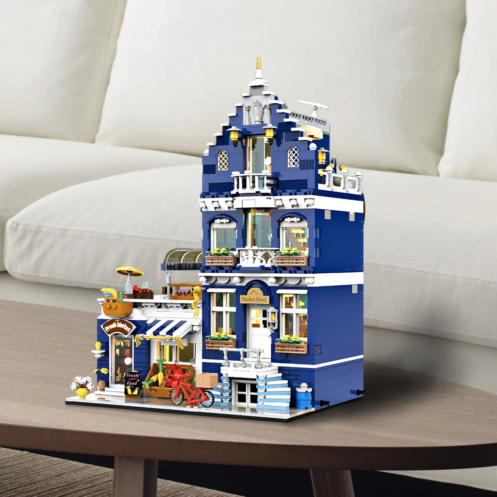 Bloco de Montar Mercado Vintagde Três Andares com LED 1456 peças Decoração Brinquedo Educativo Infantil Adolescente Adulto Conjunto de Construção