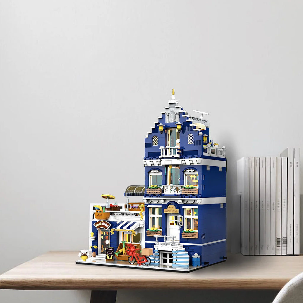 Bloco de Montar Mercado Vintagde Três Andares com LED 1456 peças Decoração Brinquedo Educativo Infantil Adolescente Adulto Conjunto de Construção