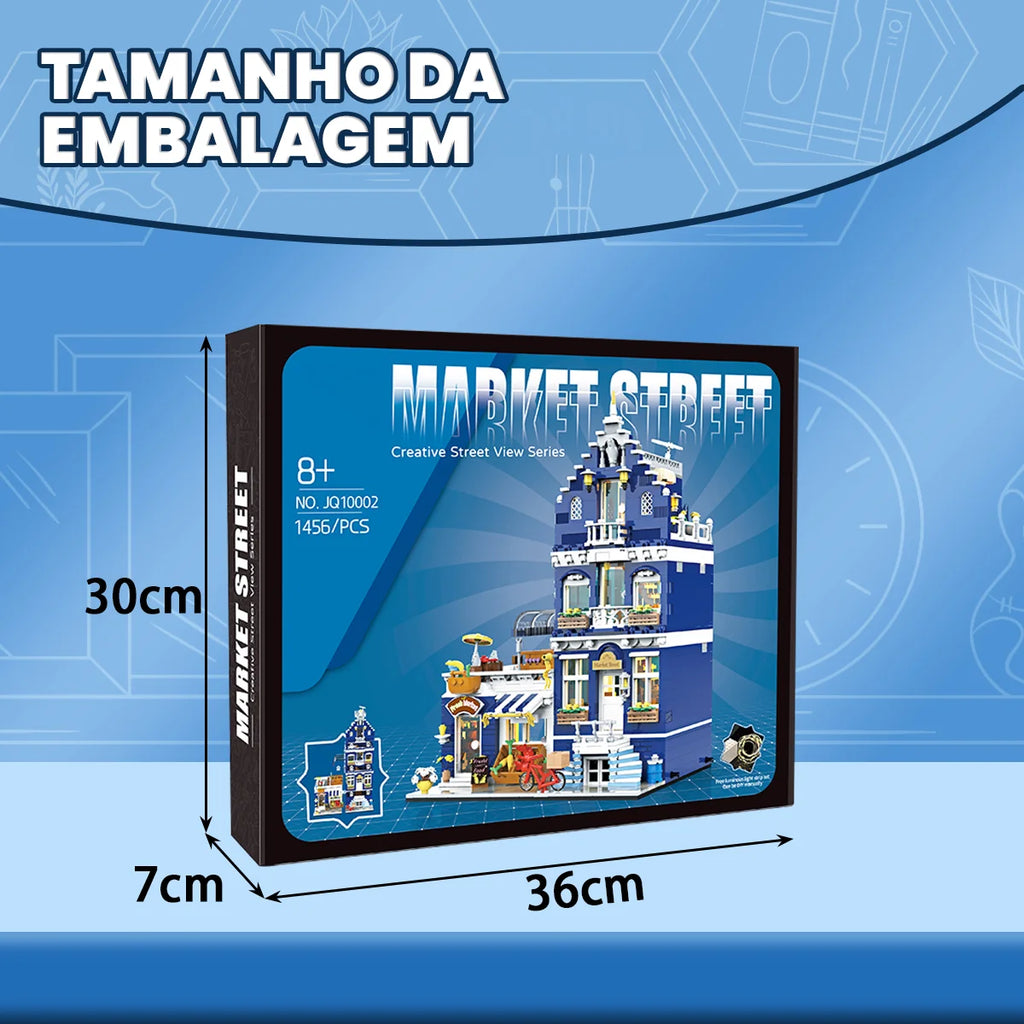 Bloco de Montar Mercado Vintagde Três Andares com LED 1456 peças Decoração Brinquedo Educativo Infantil Adolescente Adulto Conjunto de Construção