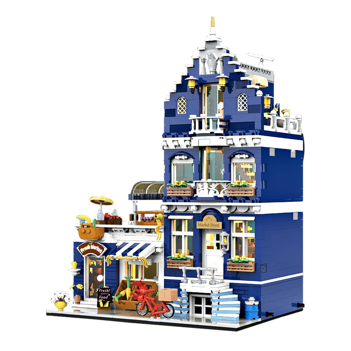 Bloco de Montar Mercado Vintagde Três Andares com LED 1456 peças Decoração Brinquedo Educativo Infantil Adolescente Adulto Conjunto de Construção