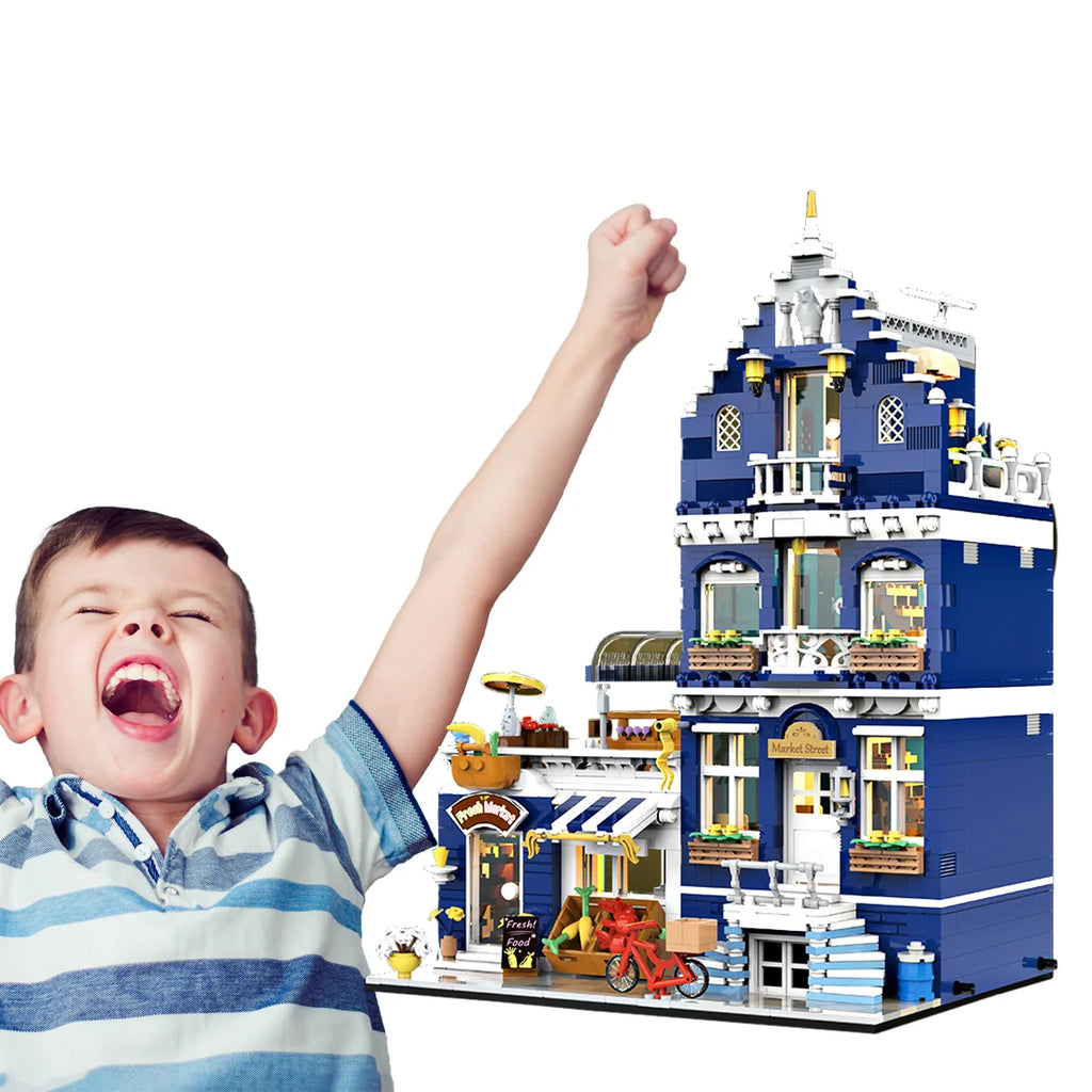 Bloco de Montar Mercado Vintagde Três Andares com LED 1456 peças Decoração Brinquedo Educativo Infantil Adolescente Adulto Conjunto de Construção