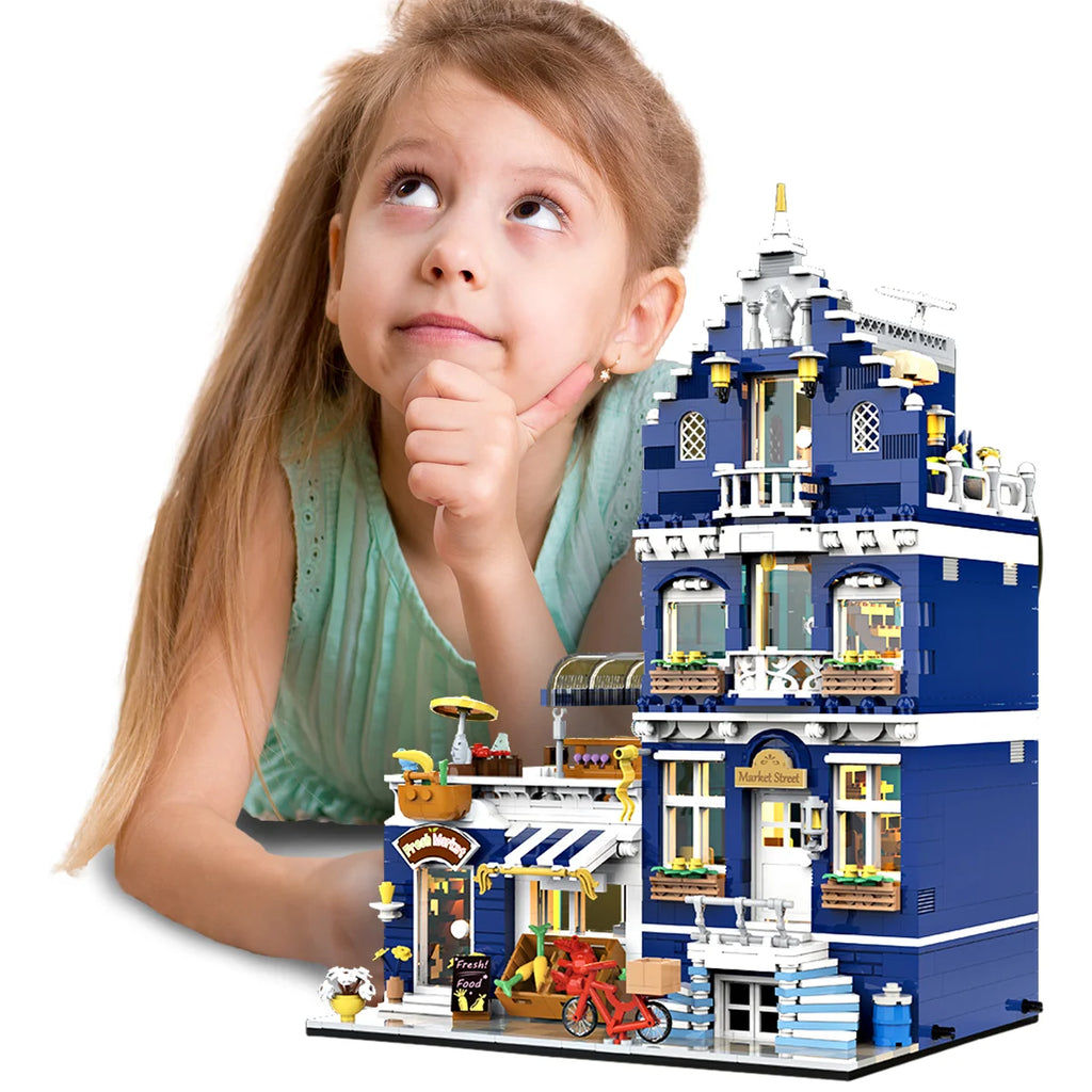 Bloco de Montar Mercado Vintagde Três Andares com LED 1456 peças Decoração Brinquedo Educativo Infantil Adolescente Adulto Conjunto de Construção