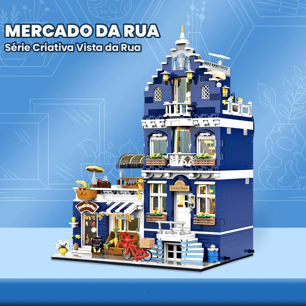 Bloco de Montar Mercado Vintagde Três Andares com LED 1456 peças Decoração Brinquedo Educativo Infantil Adolescente Adulto Conjunto de Construção