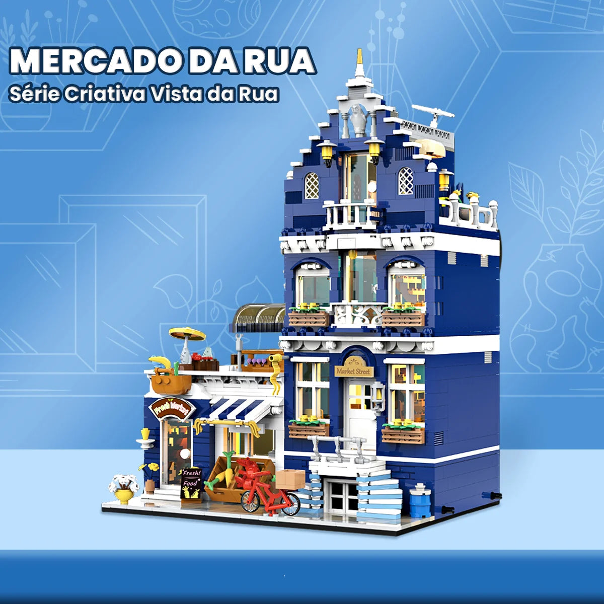 Bloco de Montar Mercado Vintagde Três Andares com LED 1456 peças Decoração Brinquedo Educativo Infantil Adolescente Adulto Conjunto de Construção