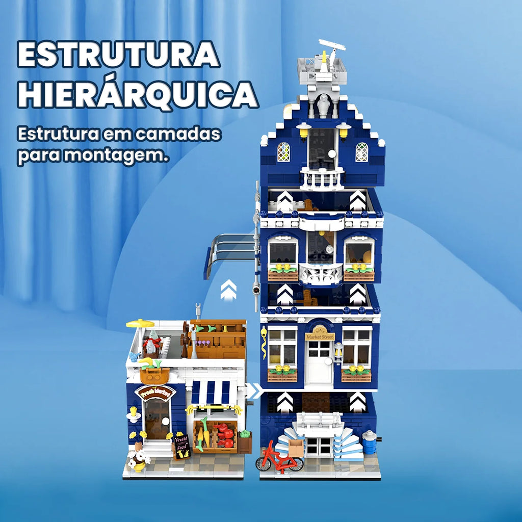 Bloco de Montar Mercado Vintagde Três Andares com LED 1456 peças Decoração Brinquedo Educativo Infantil Adolescente Adulto Conjunto de Construção