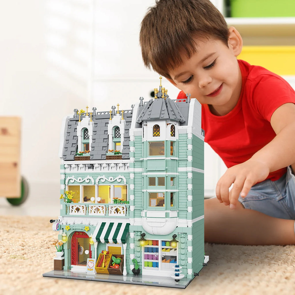 Bloco de Montar Loja de Conveniência de Três Andares com LED 2225 peças Decoração Brinquedo Educativo Infantil Adulto