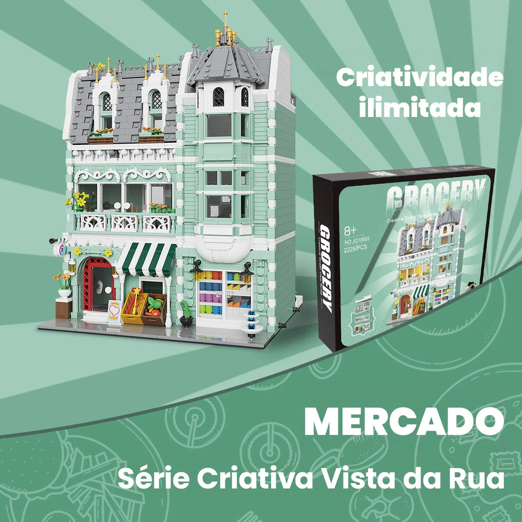Bloco de Montar Loja de Conveniência de Três Andares com LED 2225 peças Decoração Brinquedo Educativo Infantil Adulto