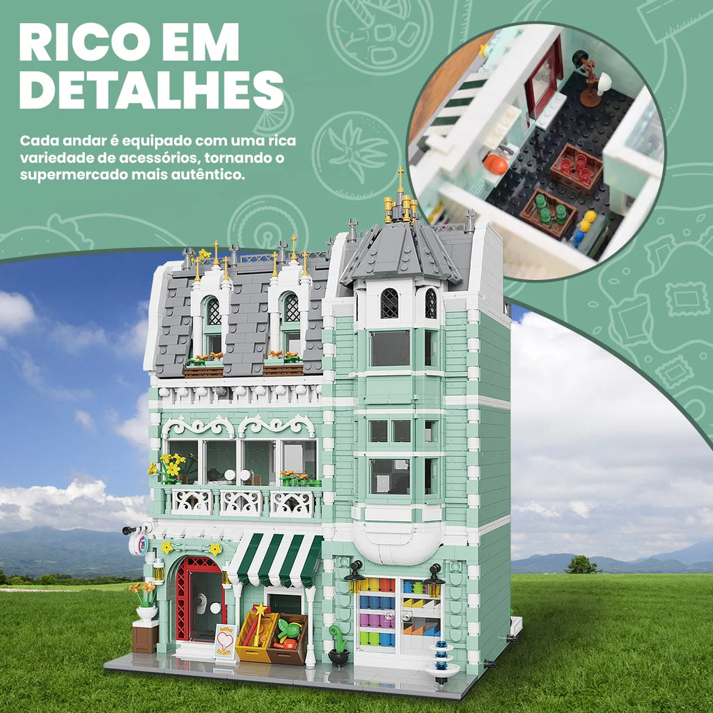 Bloco de Montar Loja de Conveniência de Três Andares com LED 2225 peças Decoração Brinquedo Educativo Infantil Adulto