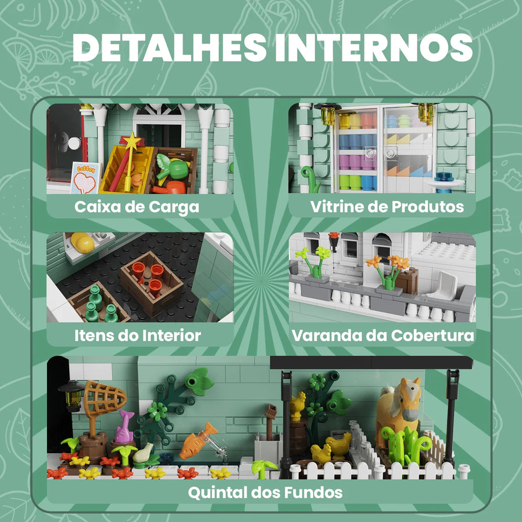 Bloco de Montar Loja de Conveniência de Três Andares com LED 2225 peças Decoração Brinquedo Educativo Infantil Adulto
