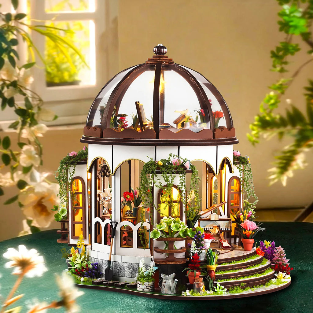 Bloco de Montar de Madeira Estufa Jardim Encantado com Led Decoração Coleção Rico em Detalhes