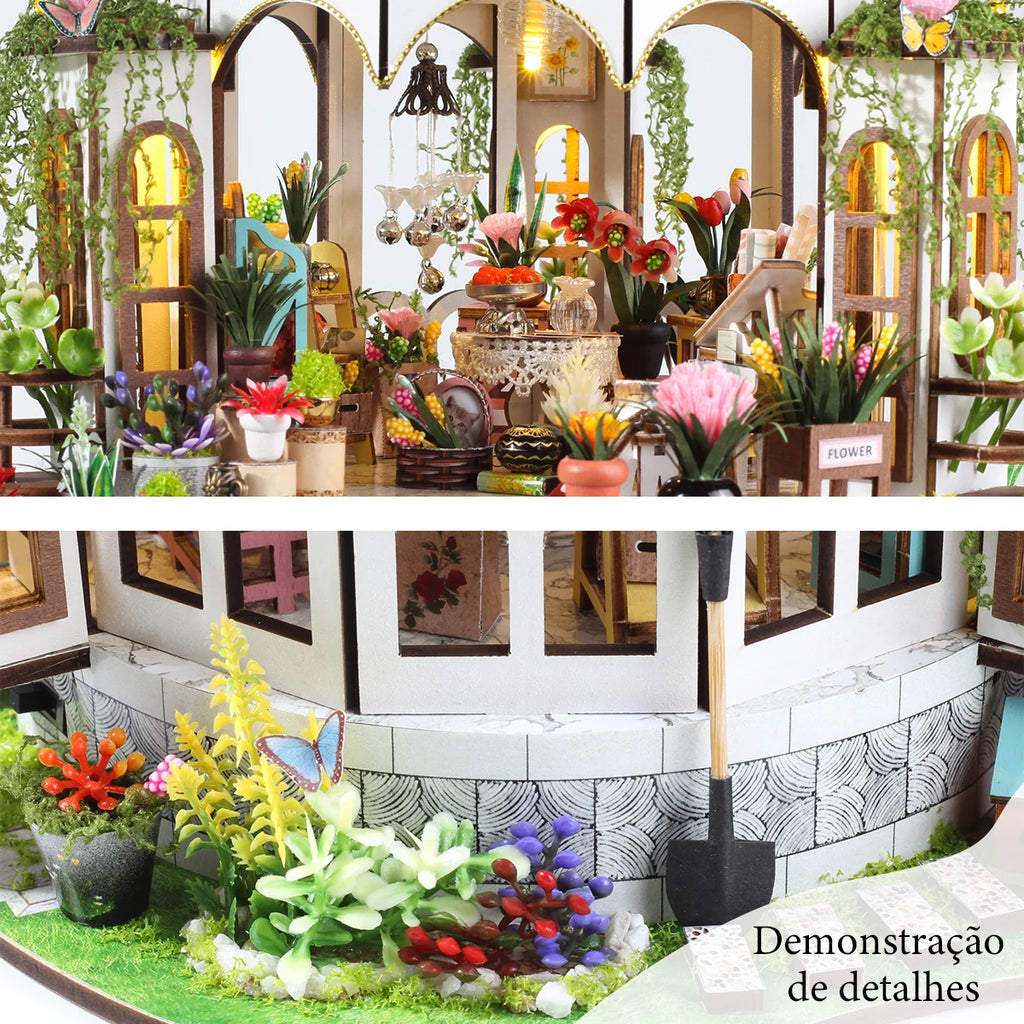 Bloco de Montar de Madeira Estufa Jardim Encantado com Led Decoração Coleção Rico em Detalhes