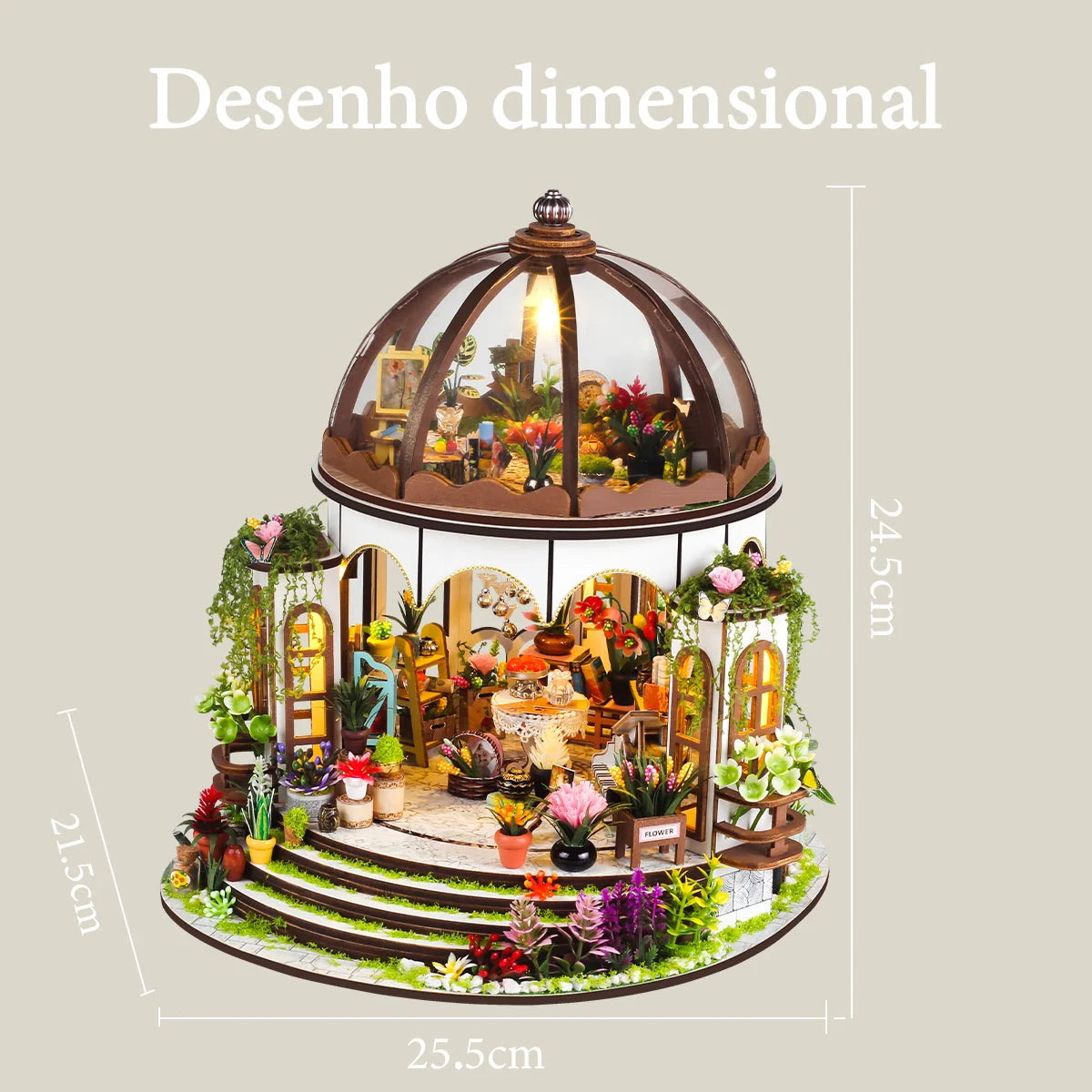Bloco de Montar de Madeira Estufa Jardim Encantado com Led Decoração Coleção Rico em Detalhes