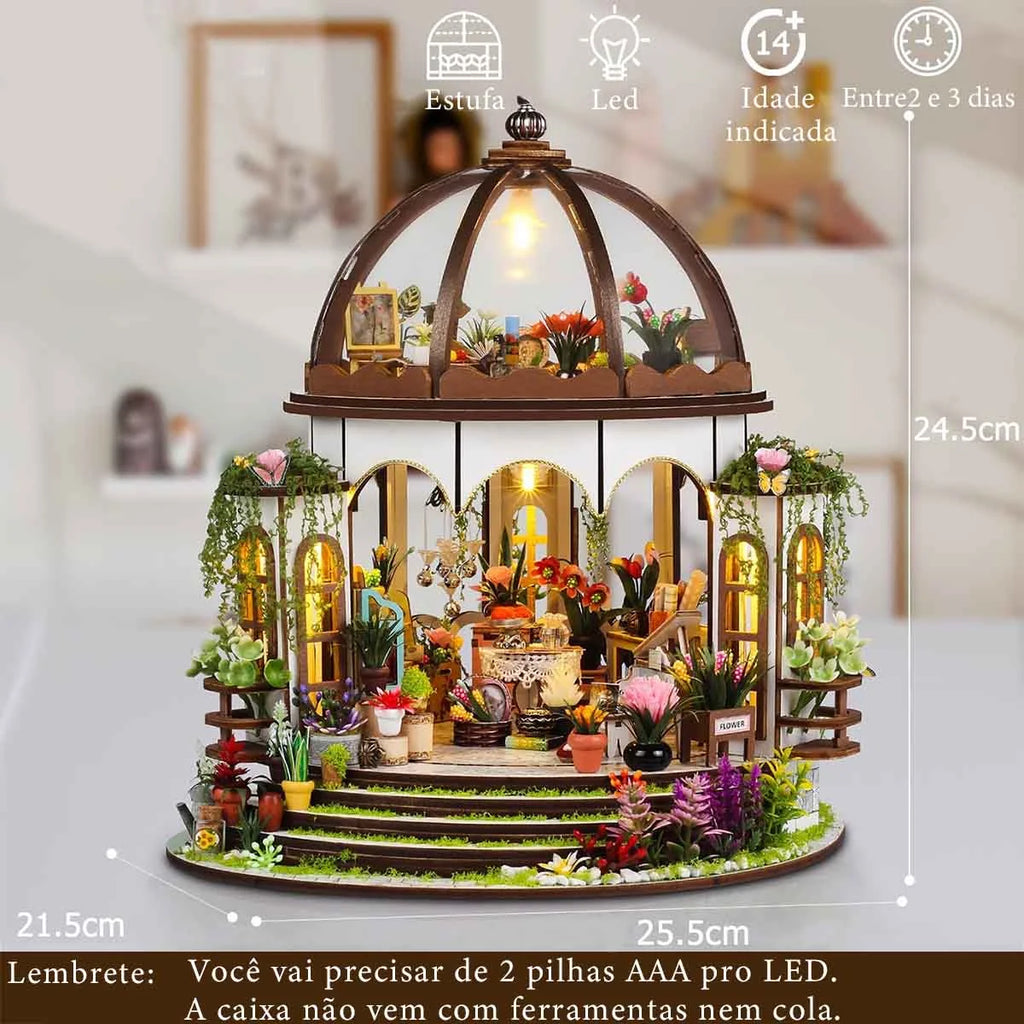 Bloco de Montar de Madeira Estufa Jardim Encantado com Led Decoração Coleção Rico em Detalhes