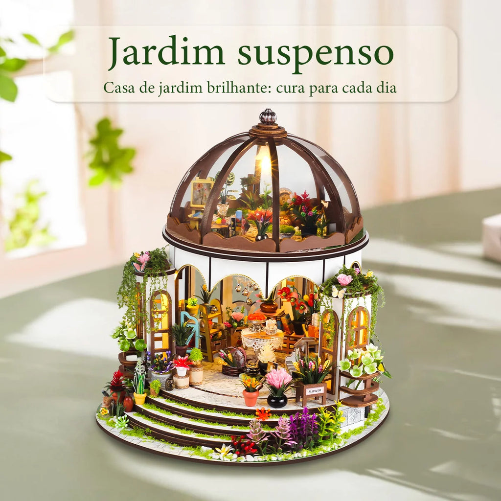 Bloco de Montar de Madeira Estufa Jardim Encantado com Led Decoração Coleção Rico em Detalhes