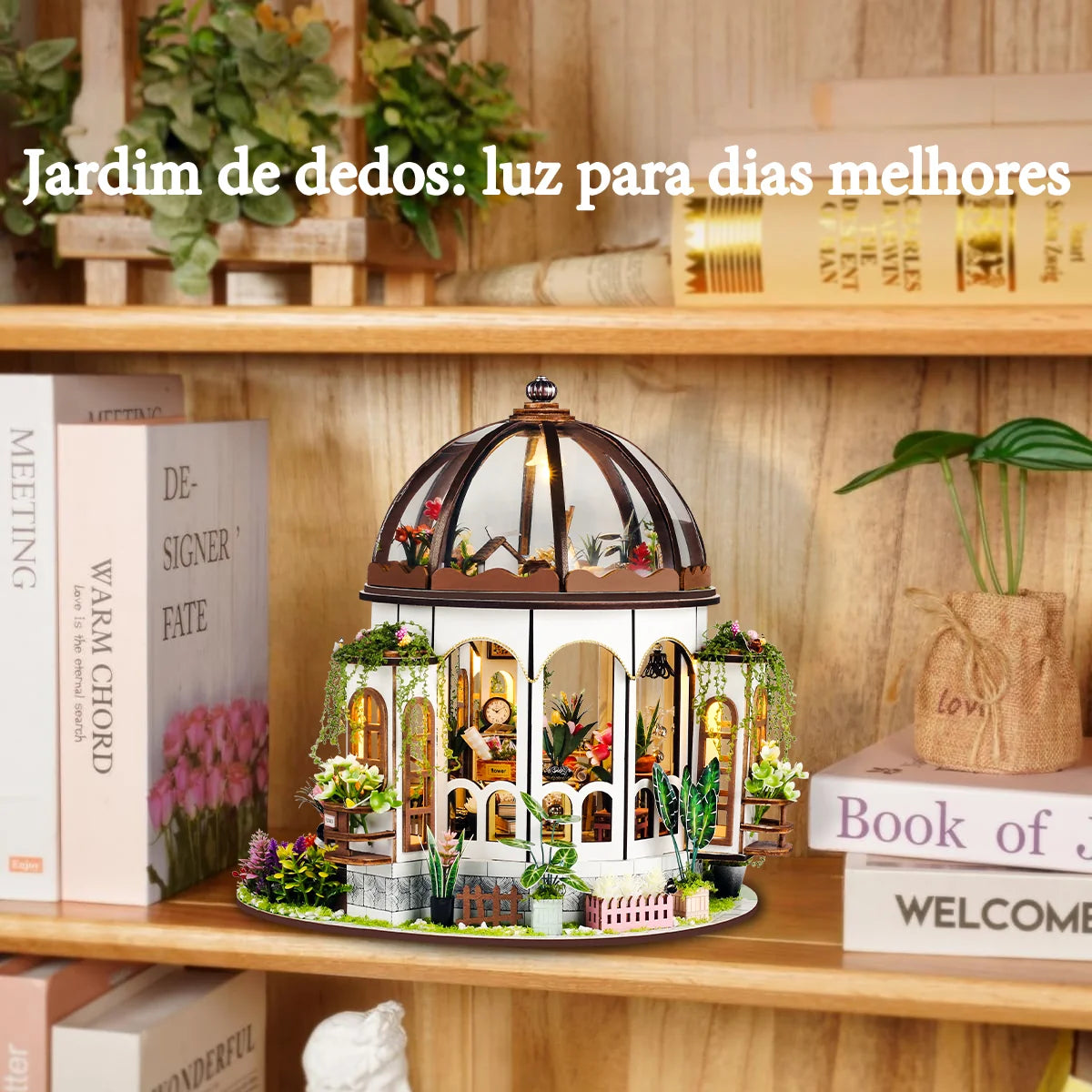 Bloco de Montar de Madeira Estufa Jardim Encantado com Led Decoração Coleção Rico em Detalhes