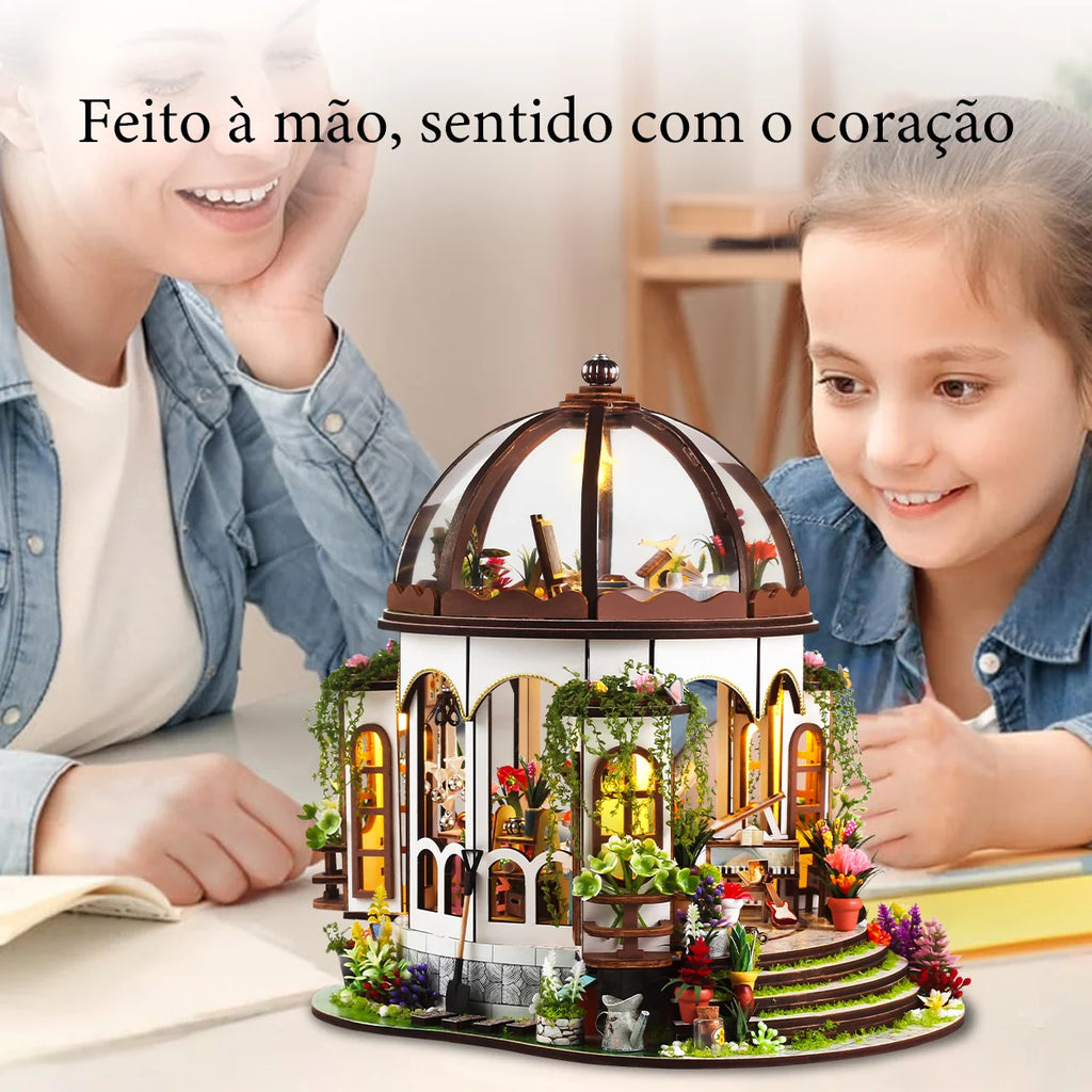 Bloco de Montar de Madeira Estufa Jardim Encantado com Led Decoração Coleção Rico em Detalhes