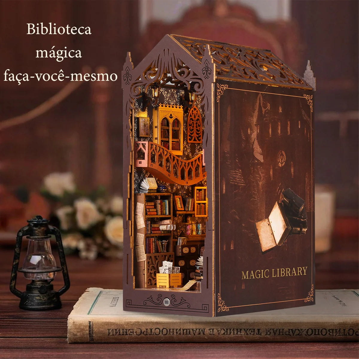 Bloco de Montar Mini Livraria de Madeira Com LED Decoração Colecionável Rico em Detalhes