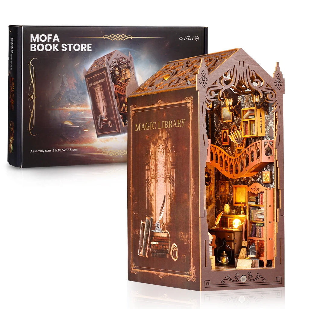 Bloco de Montar Mini Livraria de Madeira Com LED Decoração Colecionável Rico em Detalhes